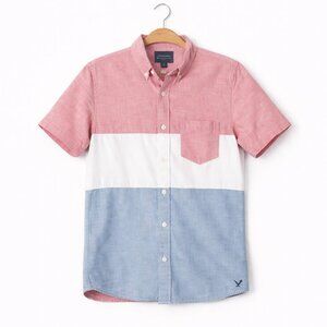 AMERICAN EAGLE | Pink, White & Blue Cotton Buttonup Tee - Men's Small
